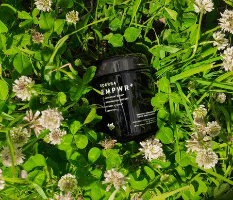 Top down image of an EDERRA EMPWR+ Jar laying down in a bed of grass with little white flowers