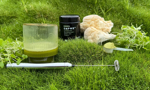 Close up photo of a glass containing EMPWR+ mixed in water along side a stainless steel frother, scoop with EMPWR+, fresh broccoli microgreens, fresh lion's mane mushroom, and a biophotonic jar of EDERRA EMPWR+ sitting on a grassy hill
