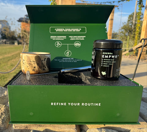 A bundle of EMPWR+ in a biophotonic jar with a stainless steel frother and a luxury green box with a handcrafted ceramic LURRA cup