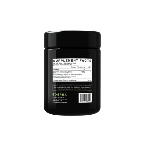 Backside of a black EDERRA EMPWR+ biophotonic miron violetglass jar. Shows the supplement facts panel and an FDA disclaimer
