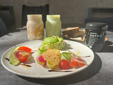Functional Dining With EDERRA EMPWR+ on top of a salad, avocado toast, in smoothies. Longevity Detox Cognitive Functional Dining