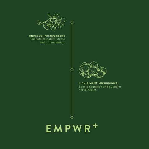 An infographic showing a line with 3 points. The first point is broccoli microgreens, the second point is lion's mane mushrooms, the third point is EMPWR+