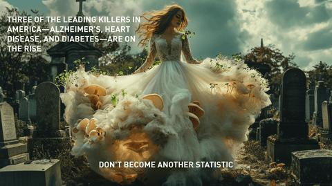 A beautiful woman wearing a flowing white dress made out of broccoli microgreens and lion's mane mushrooms in a cemetery. The text talks about how alzheimer's, heart disease, and diabetes are three of the leading killers in america.  